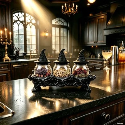 Witch Hat Spice Jar Set of 3 with Gothic Stand, Glass Seasoning Jars for Spices & Herbs, Halloween Kitchen Decor & Unique Gift