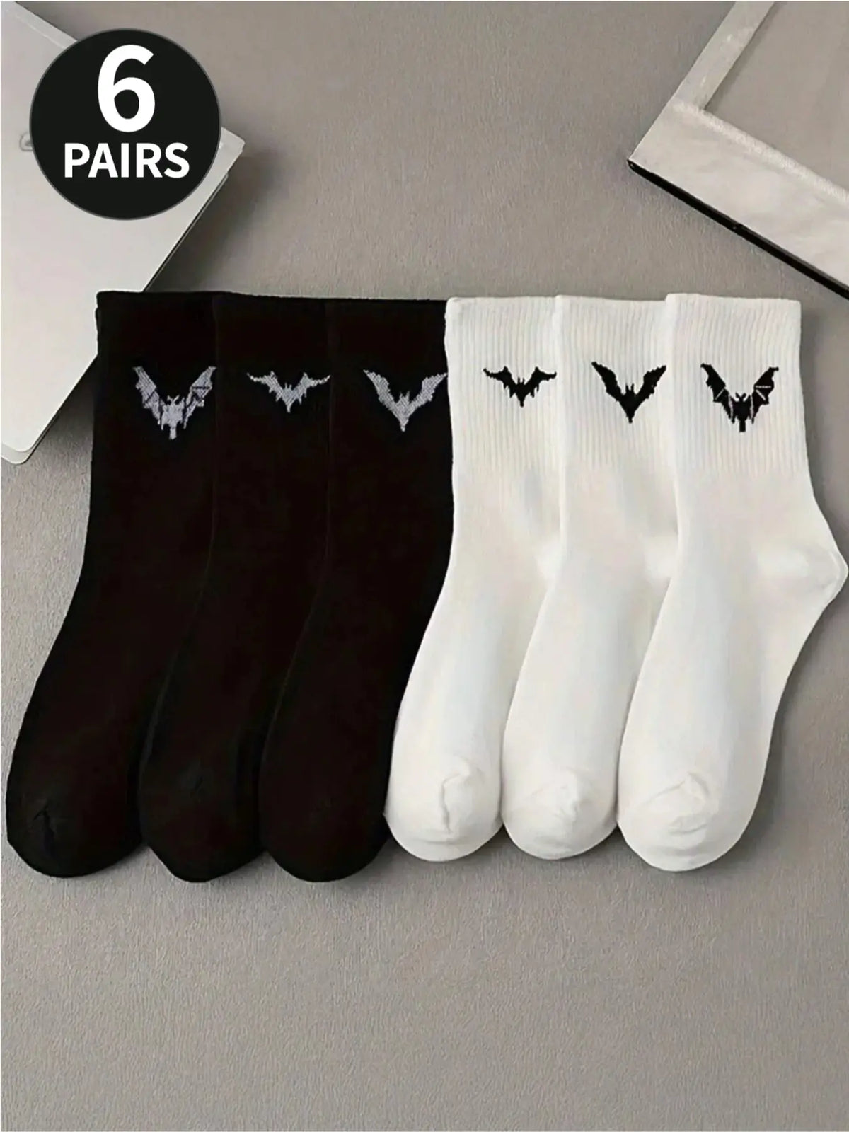 Women's Bat Pattern Mid-Calf Socks, 6 Pairs, Comfortable and Stylish, Perfect for Daily Wear
