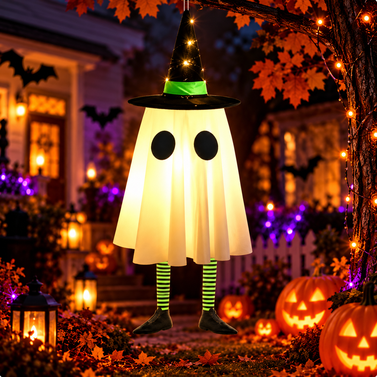 Three Styles Cycle Timer Halloween Hanging Witch Hat Lanterns – Light-Up Ghost Decorations, Indoor Halloween & Party Decor, Soft Fabric Design