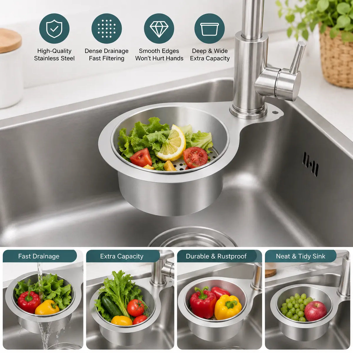 Stainless Steel Hanging Sink Strainer Basket, Fast-Drain Food Residue Filter for Kitchen Sink