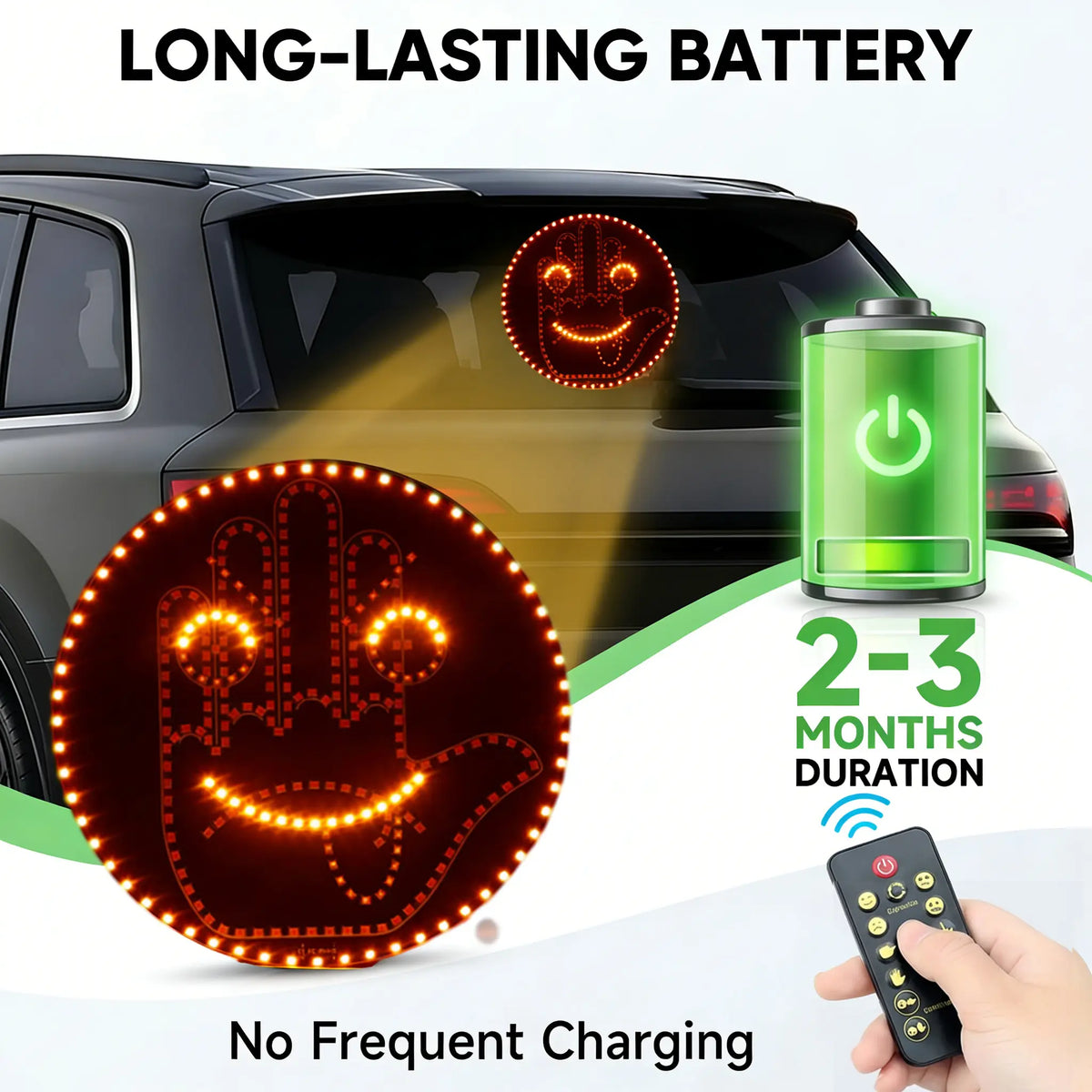 LED Car Gesture Light with 8 Emojis, Wireless Remote Control, Easy-Install Fun Auto Decoration