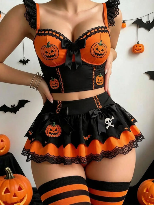 Women's Halloween Polyester Corset Dress & Ruffle Skirt Set, Orange-Black 2-Piece Outfit with Jack-O'-Lantern Embroidery, Bow Accents, Bat & Skull Prints, Role-Play Costume (Socks Not Included)
