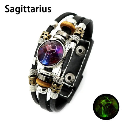 Glow-in-the-Dark Zodiac Leather Bracelet – 12 Sign Astrology Jewelry