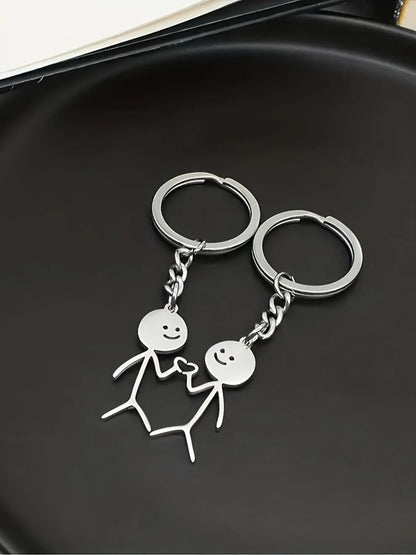Cute Cartoon Stickman Heart Keychain, Stainless Steel Keyring Gift for Women & Men