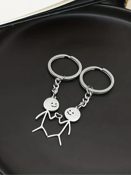 Cute Cartoon Stickman Heart Keychain, Stainless Steel Keyring Gift for Women & Men