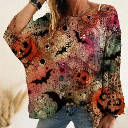 Women’s Halloween Pumpkin & Bat Crochet Knit Pullover, Long Sleeve Open-Knit Sweater, Relaxed Fit Casual Fall Top