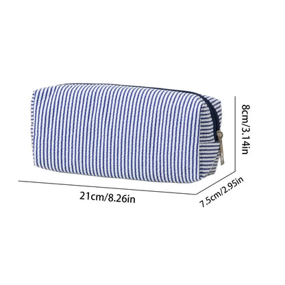 Cute Seersucker Striped Pencil Bag, Large Capacity Multifunctional Storage Pouch for Stationery and Cosmetics