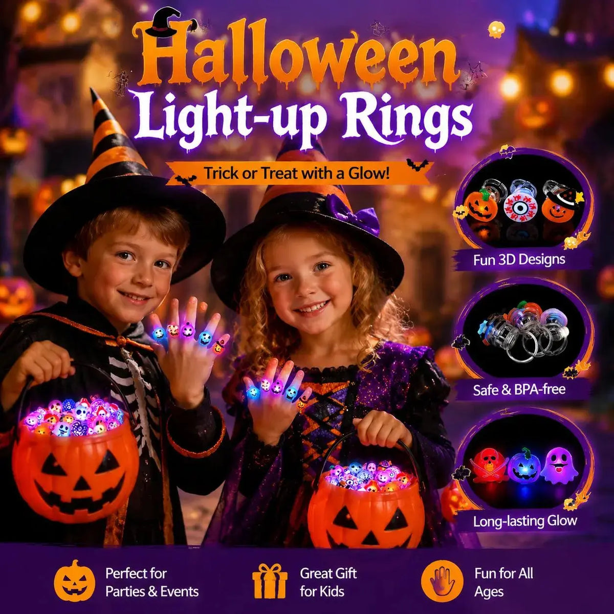 50Pcs Random Glow LED Halloween Rings, Flashing Light-Up Party Favors & Goody Bag Stuffers for Kids