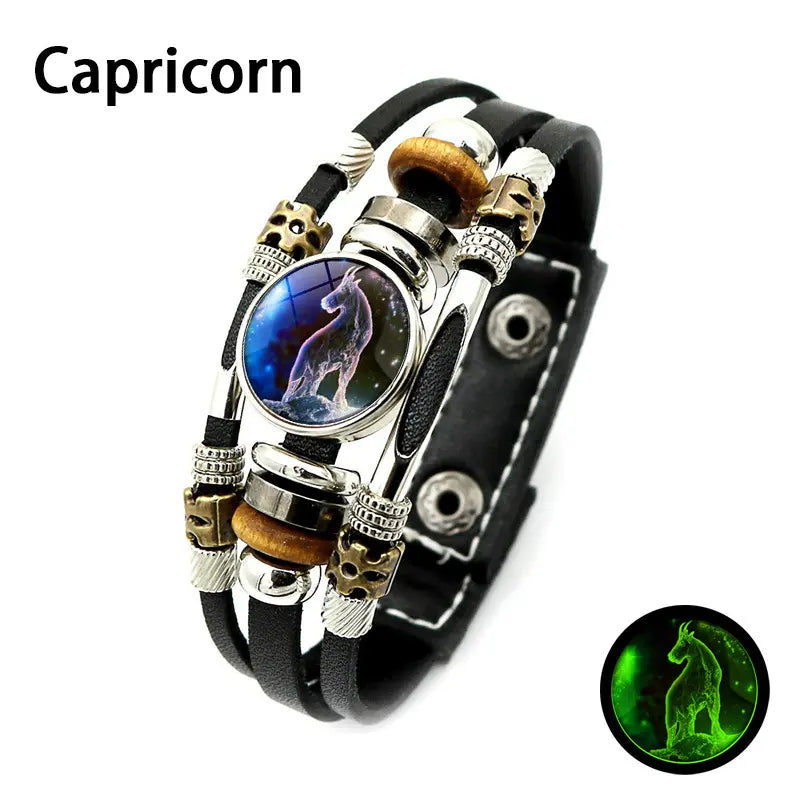 Glow-in-the-Dark Zodiac Leather Bracelet – 12 Sign Astrology Jewelry