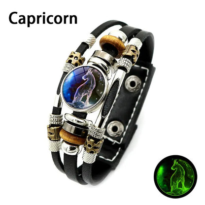 Glow-in-the-Dark Zodiac Leather Bracelet – 12 Sign Astrology Jewelry