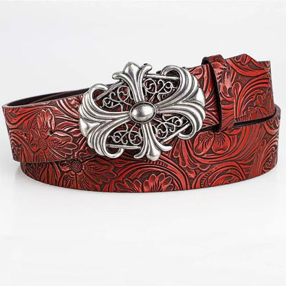 Boho Faux Leather Western Belt with Cross Buckle, Gothic Cowboy Belt for Men & Women