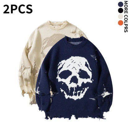 Distressed Fringe Knit Sweater – Oversized Orange Skull Jacquard Pullover with Ripped Details, Y2K Gothic Streetwear Style