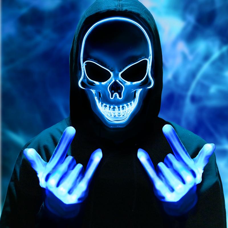 Halloween LED Skull Mask & Gloves Set – Light-Up Skeleton Cosplay Accessories for Costume Parties & Spooky Events