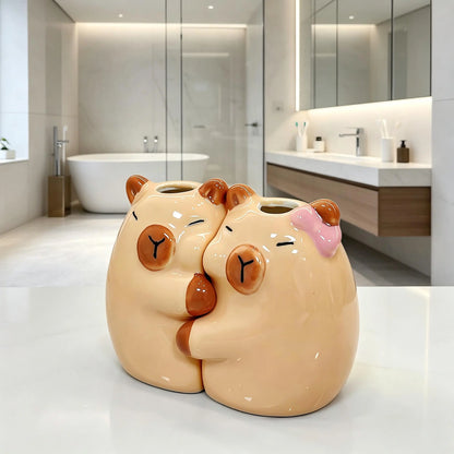 Hugging Capybara Ceramic Toothbrush Holder, Cute Multi-Purpose Organizer for Pens, Makeup Brushes & Small Flowers