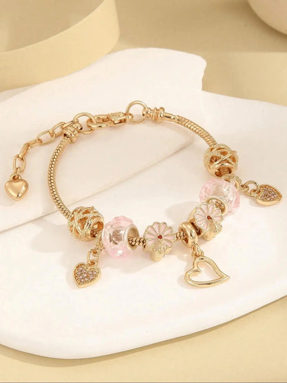 Cute Bow & Heart & Flower Design Charm Bracelet, Rhinestone Decorated Bracelet for Women & Girls, Bracelet for Birthday Gift, Fashionable Bracelet, Fashionable Bracelet Style