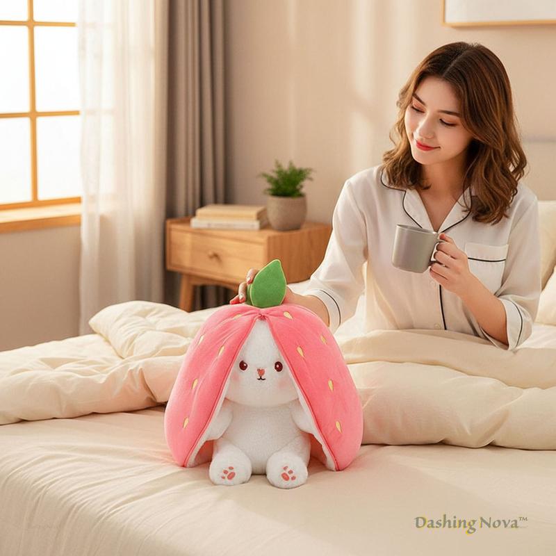 DASHING NOVA Reversible Strawberry Bunny Plush Toy, Soft Kawaii Transforming Hide-and-Seek Cuddly Stuffed Animal, Plushies for Birthday Gifts