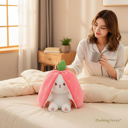DASHING NOVA Reversible Strawberry Bunny Plush Toy, Soft Kawaii Transforming Hide-and-Seek Cuddly Stuffed Animal, Plushies for Birthday Gifts