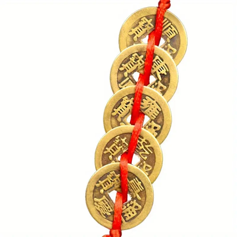 Brass 5-Emperor Coins Feng Shui Gourd Set, Wealth Protection Amulet & Chinese New Year Decor