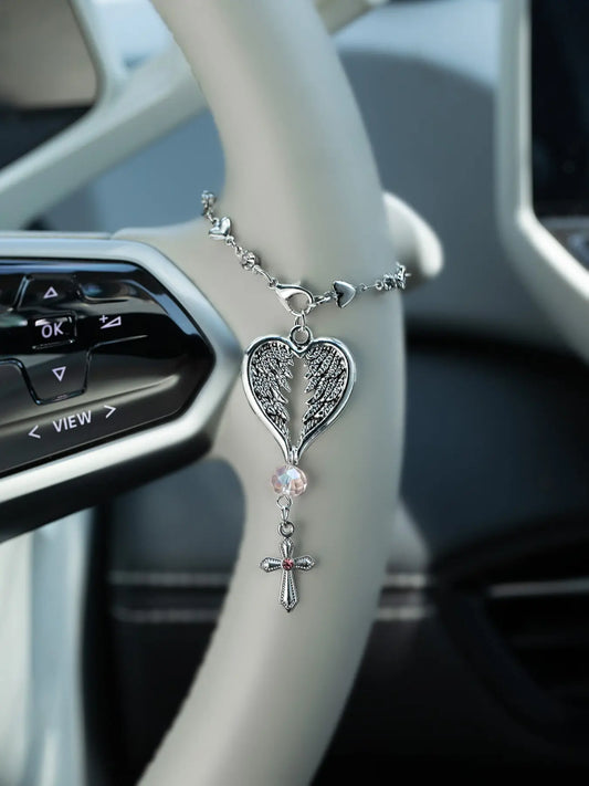 Feather Cross Car Hanging Ornament, Stylish Steering Wheel Chain & Interior Decoration