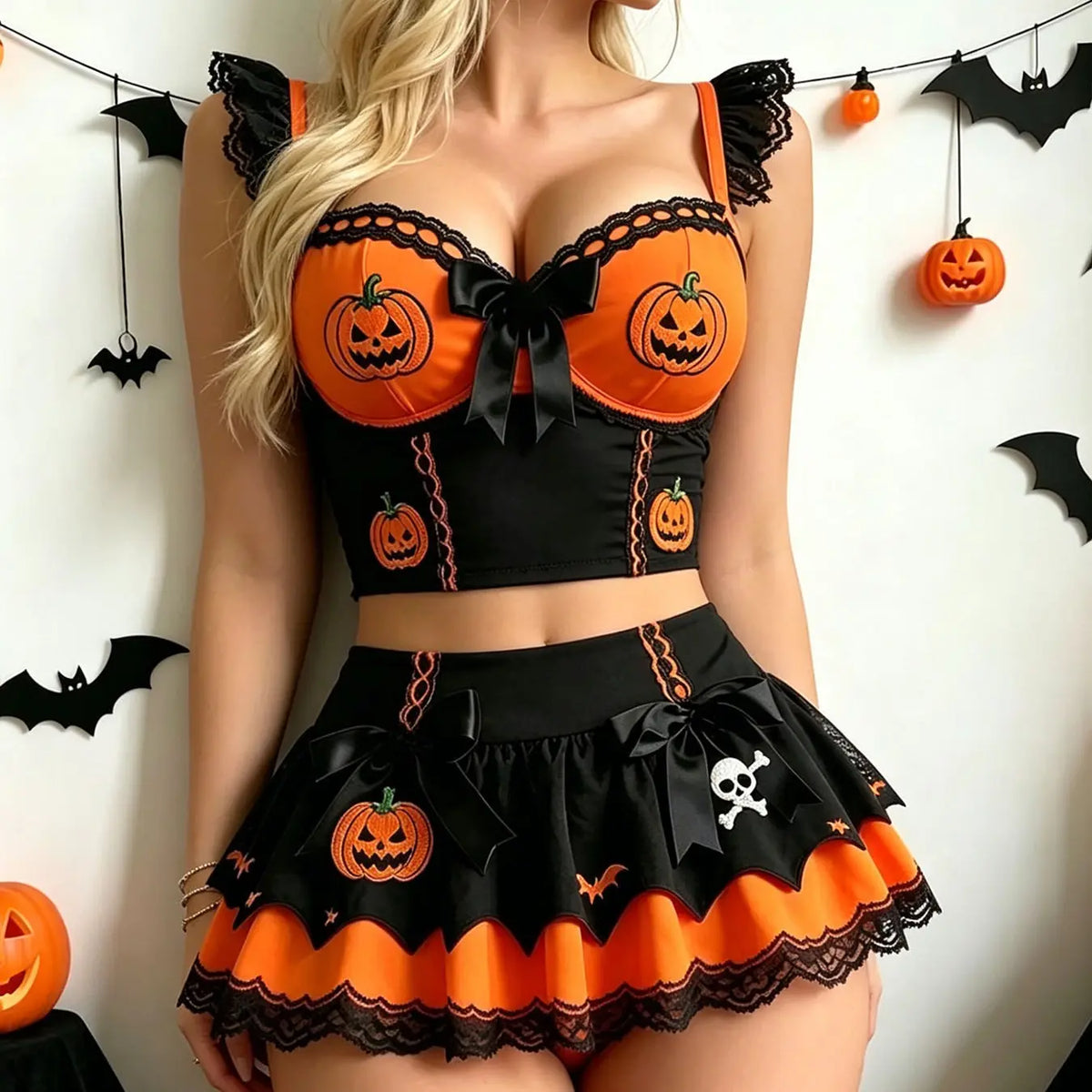 Women's Halloween Polyester Corset Dress & Ruffle Skirt Set, Orange-Black 2-Piece Outfit with Jack-O'-Lantern Embroidery, Bow Accents, Bat & Skull Prints, Role-Play Costume (Socks Not Included)
