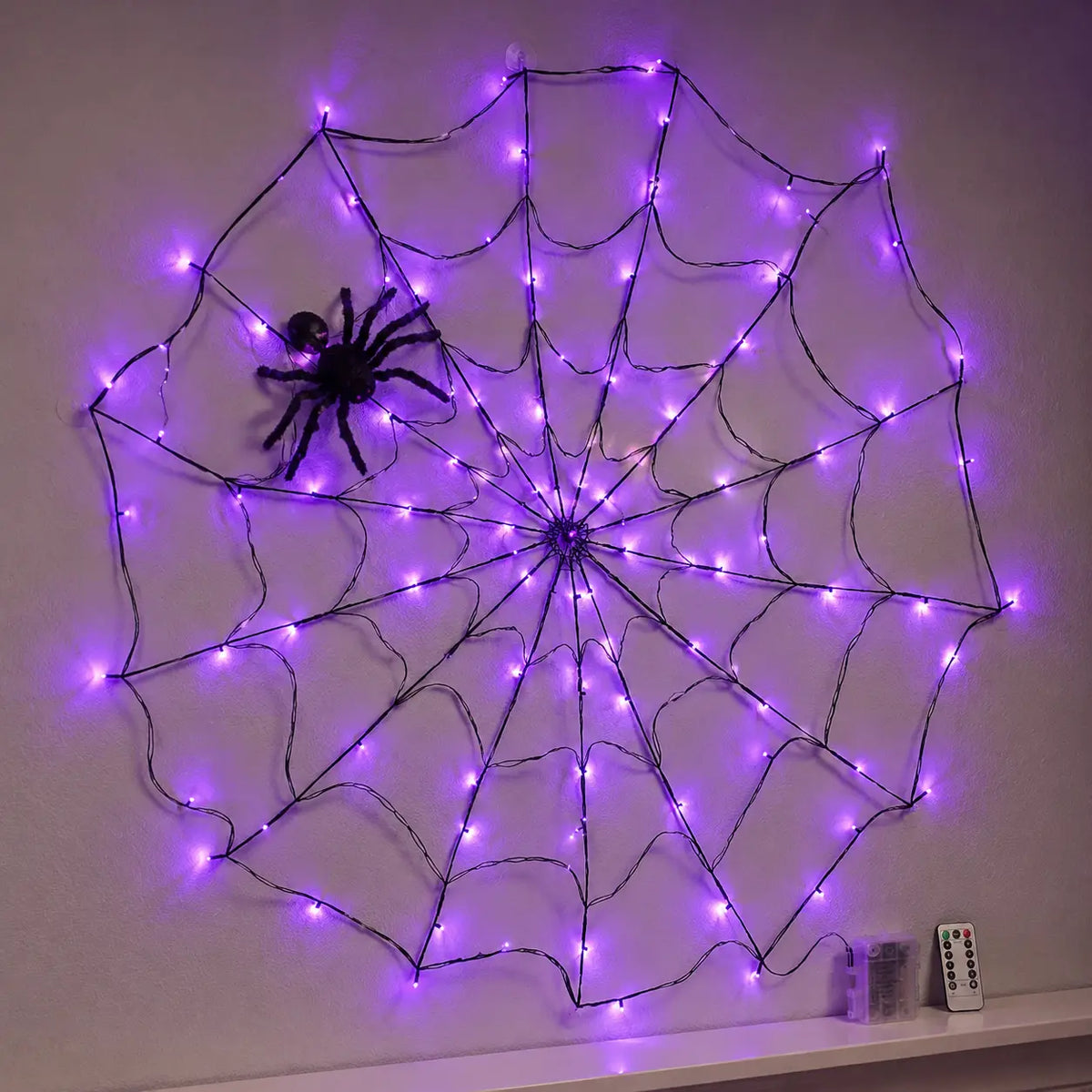 Purple LED Spider Web Lights, 70 LEDs with Plush Spider, Remote Control & 8 Lighting Modes for Halloween Decor