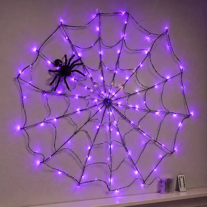 Purple LED Spider Web Lights, 70 LEDs with Plush Spider, Remote Control & 8 Lighting Modes for Halloween Decor