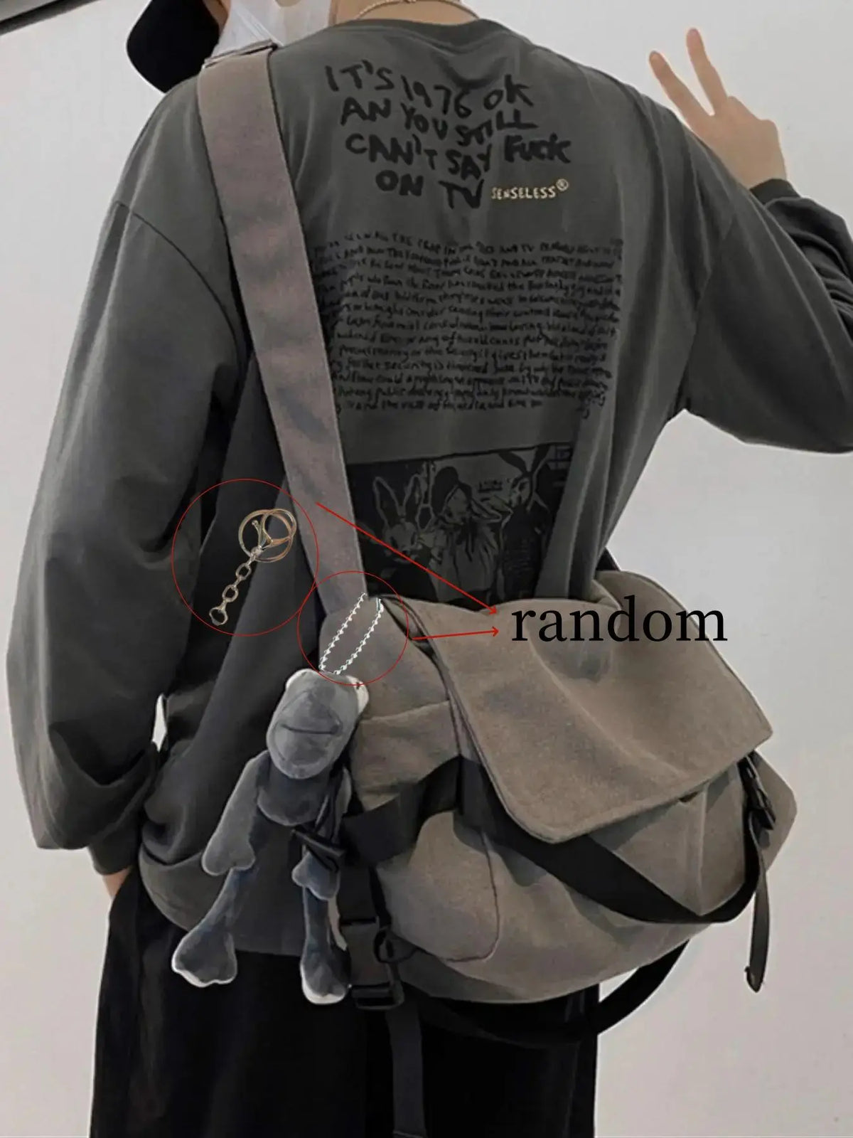 Men's Canvas Crossbody Bag with Cartoon Charm