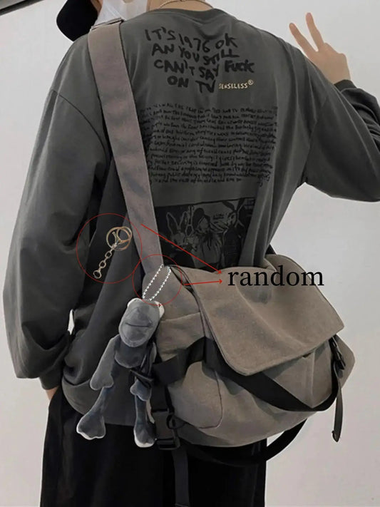 Men's Canvas Crossbody Bag with Cartoon Charm
