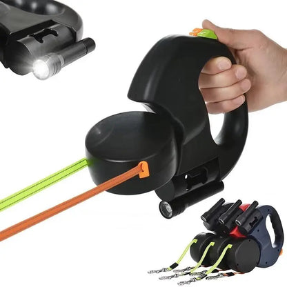 Retractable Dual Doggie Leash with LED Light, 360 Swivel No Tangle for Each Dog Independent Braking with 3M Reflective Leads