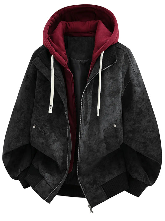 Men’s Hooded PU Jacket, Long Sleeve Casual Outdoor Coat