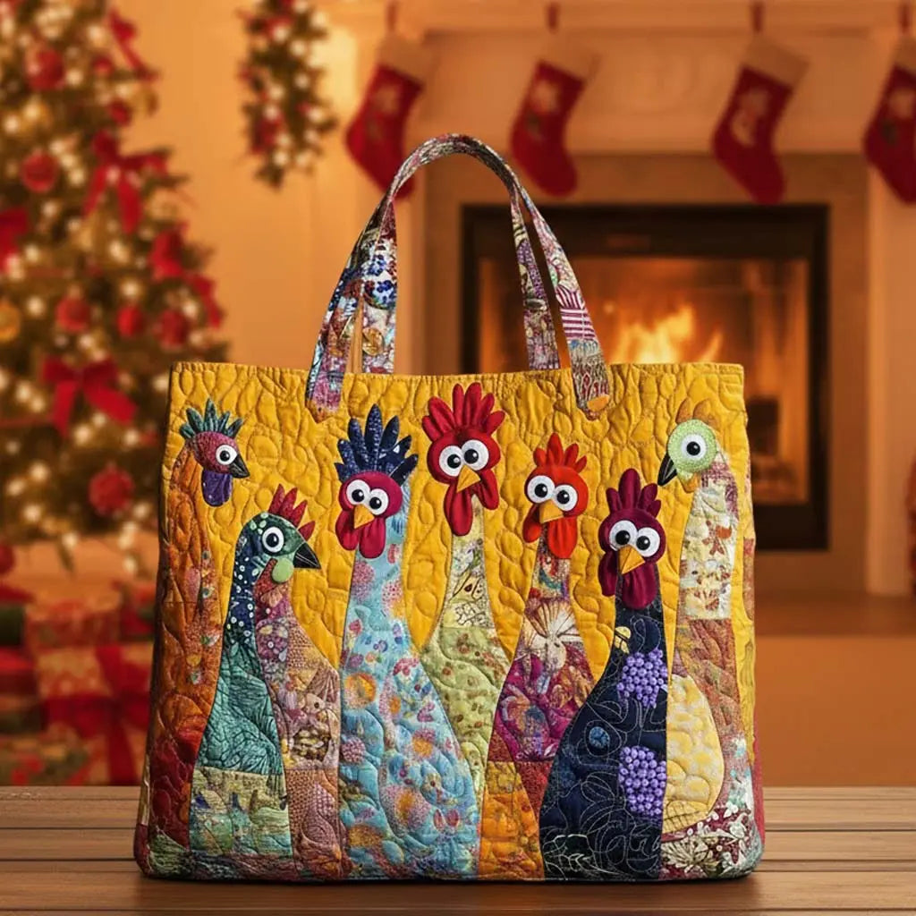 Cute Chicken Quilted Tote Bag, Printed Shoulder Bag for Grocery, Travel & Everyday Use