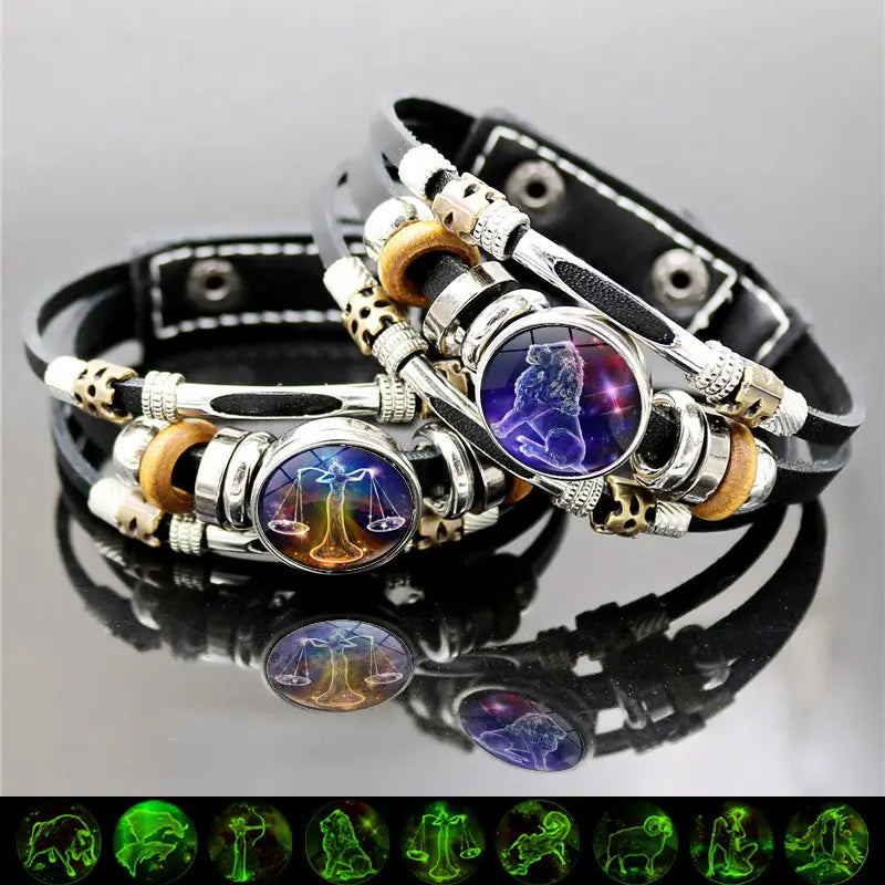 Glow-in-the-Dark Zodiac Leather Bracelet – 12 Sign Astrology Jewelry