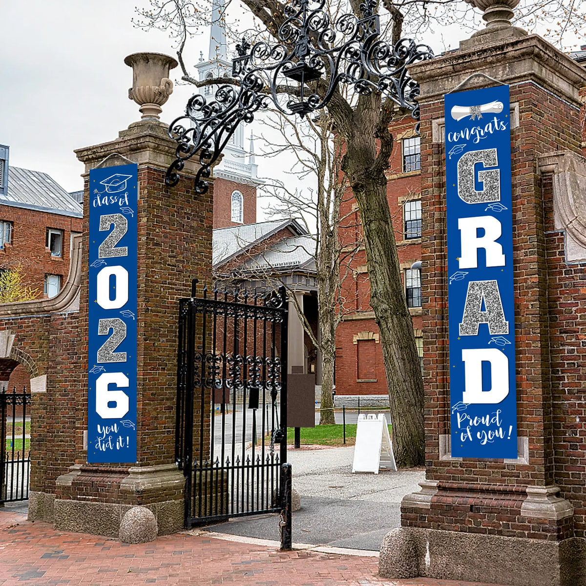 Class of 2026 Graduation Door Hanger, Blue & Silver Congrats Grad Porch Banner, Graduation Party Decoration
