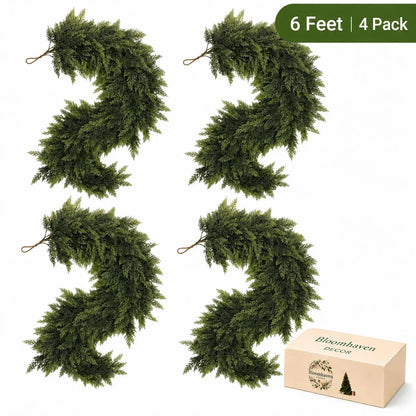 2-Pack 6 FT Artificial Cedar Garlands, Real-Touch Pine Greenery for Mantle, Wall & Holiday Decor