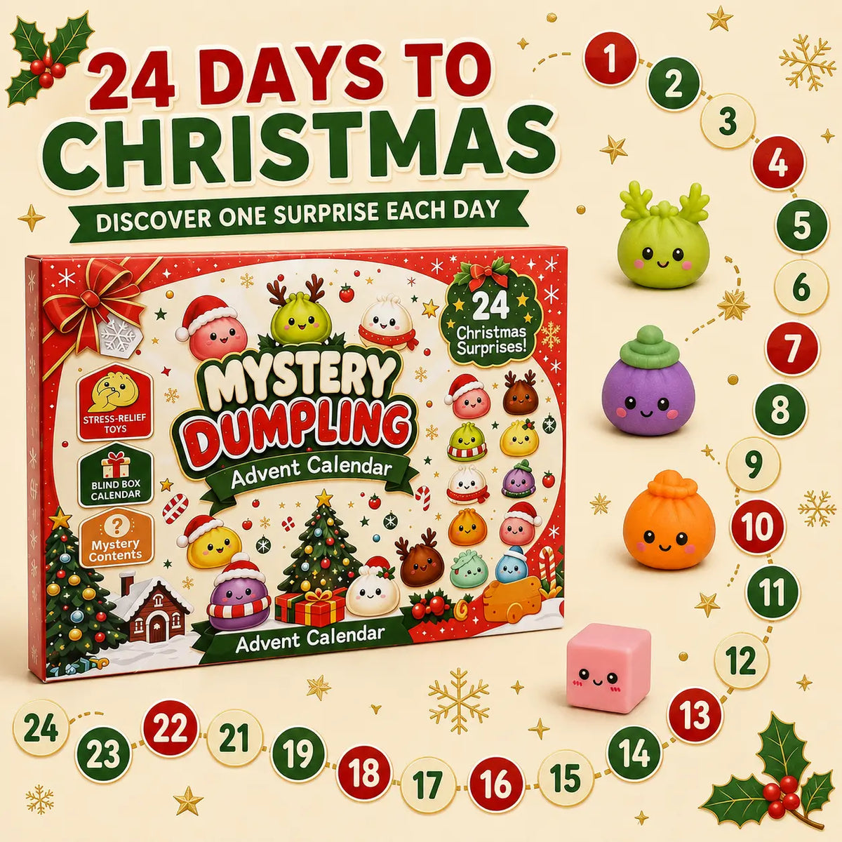 Christmas Mini Squishies Advent Calendar 2026, 24-Day Dumpling Squishy Toy Countdown with Glitter Toys for Kids