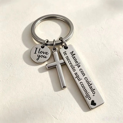Maneja Con Cuidado Te Necesito Aquí Conmigo Keychain with Cross & "I Love You" Charm, Spanish Drive Safe Stainless Steel Keyring, Romantic Religious Gift for Him/Her Adjustable Heart Rate Couples Bracelet Set Rotating Retractable Reading Badge Holder, Key