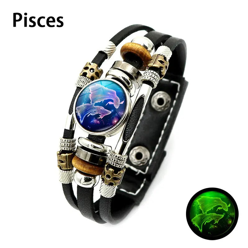 Glow-in-the-Dark Zodiac Leather Bracelet – 12 Sign Astrology Jewelry