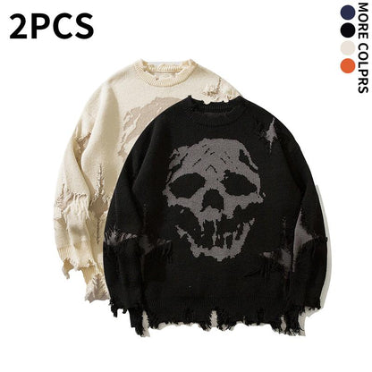 Distressed Fringe Knit Sweater – Oversized Orange Skull Jacquard Pullover with Ripped Details, Y2K Gothic Streetwear Style