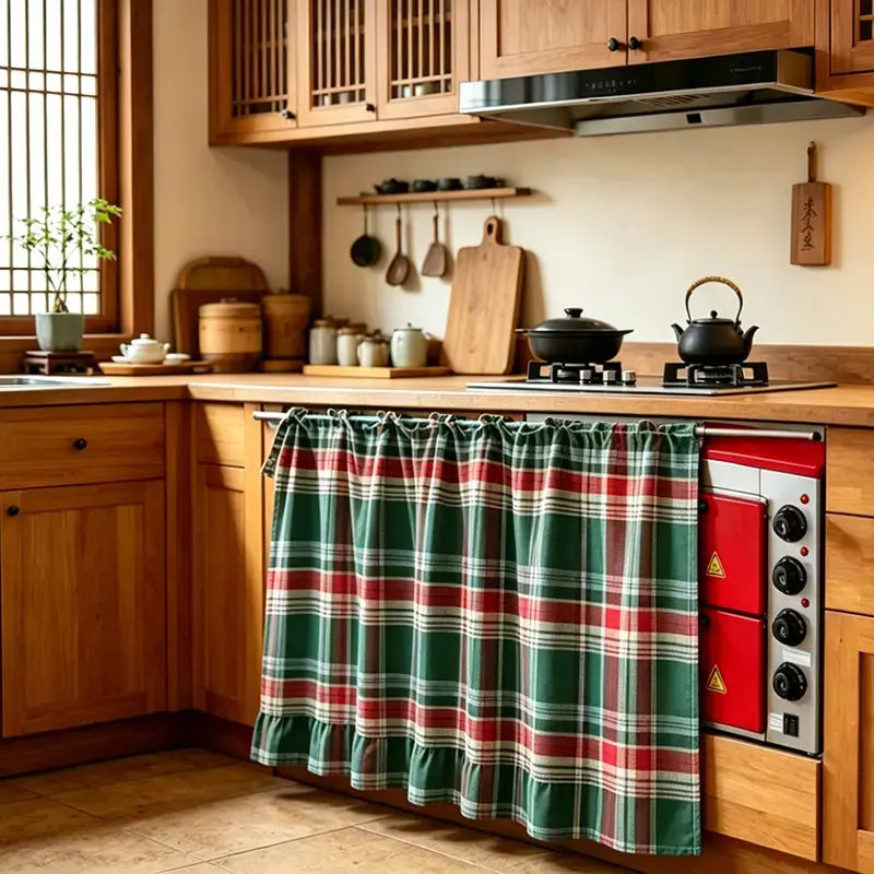 Christmas Oven Curtain Stove Cover, Festive Farmhouse Appliance Skirt with Ruffle Bows & Splatter Guard