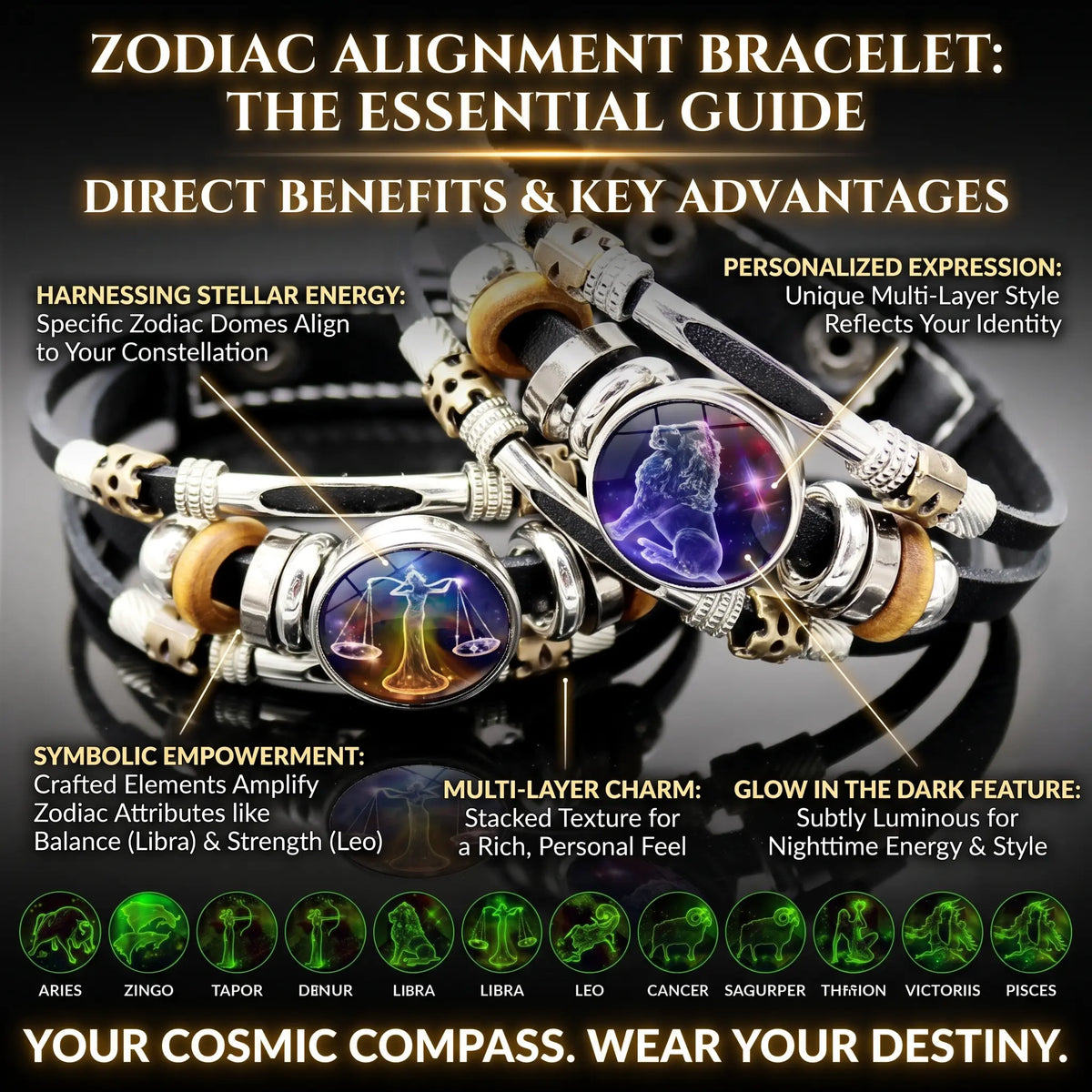 Glow-in-the-Dark Zodiac Leather Bracelet – 12 Sign Astrology Jewelry