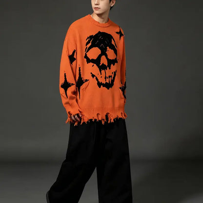 Distressed Fringe Knit Sweater – Oversized Orange Skull Jacquard Pullover with Ripped Details, Y2K Gothic Streetwear Style