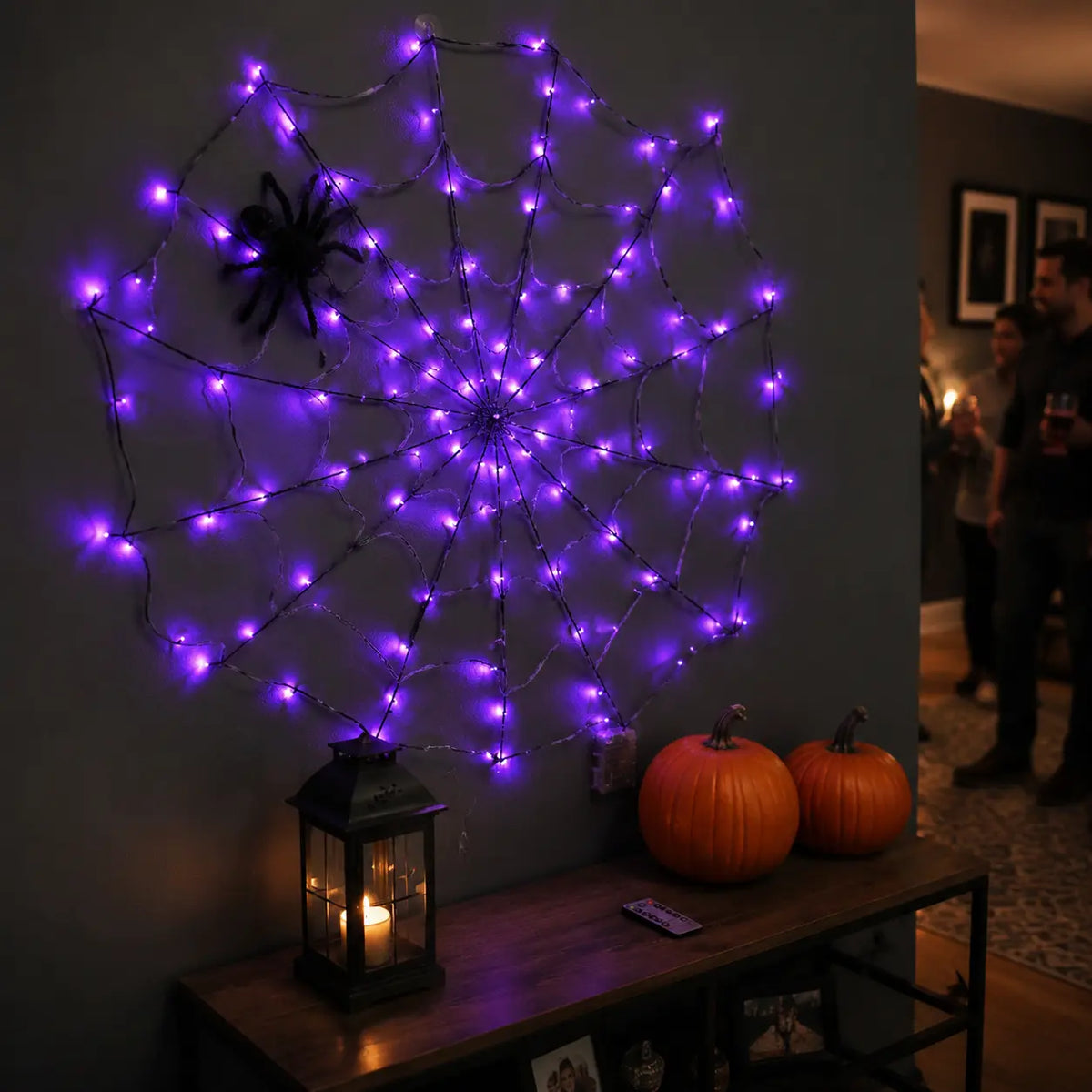 Purple LED Spider Web Lights, 70 LEDs with Plush Spider, Remote Control & 8 Lighting Modes for Halloween Decor