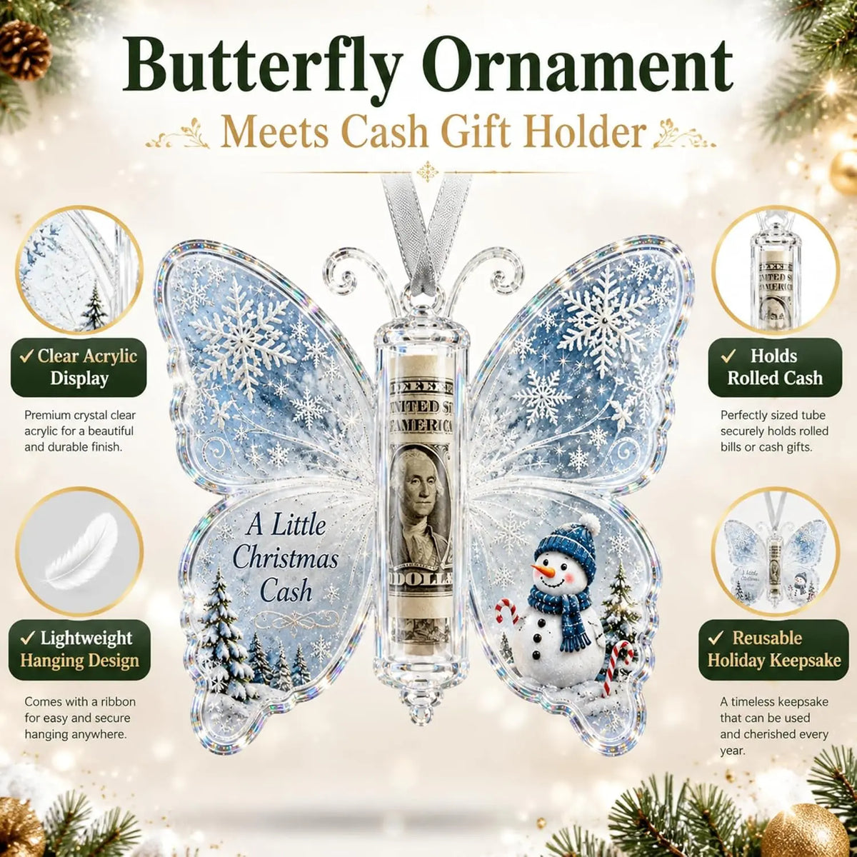 Christmas Cash Gift Ornament, Butterfly Money Holder with Clear Acrylic Display, 5PCS Set