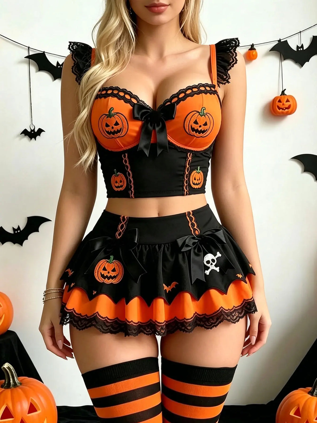 Women's Halloween Polyester Corset Dress & Ruffle Skirt Set, Orange-Black 2-Piece Outfit with Jack-O'-Lantern Embroidery, Bow Accents, Bat & Skull Prints, Role-Play Costume (Socks Not Included)