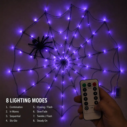 Purple LED Spider Web Lights, 70 LEDs with Plush Spider, Remote Control & 8 Lighting Modes for Halloween Decor