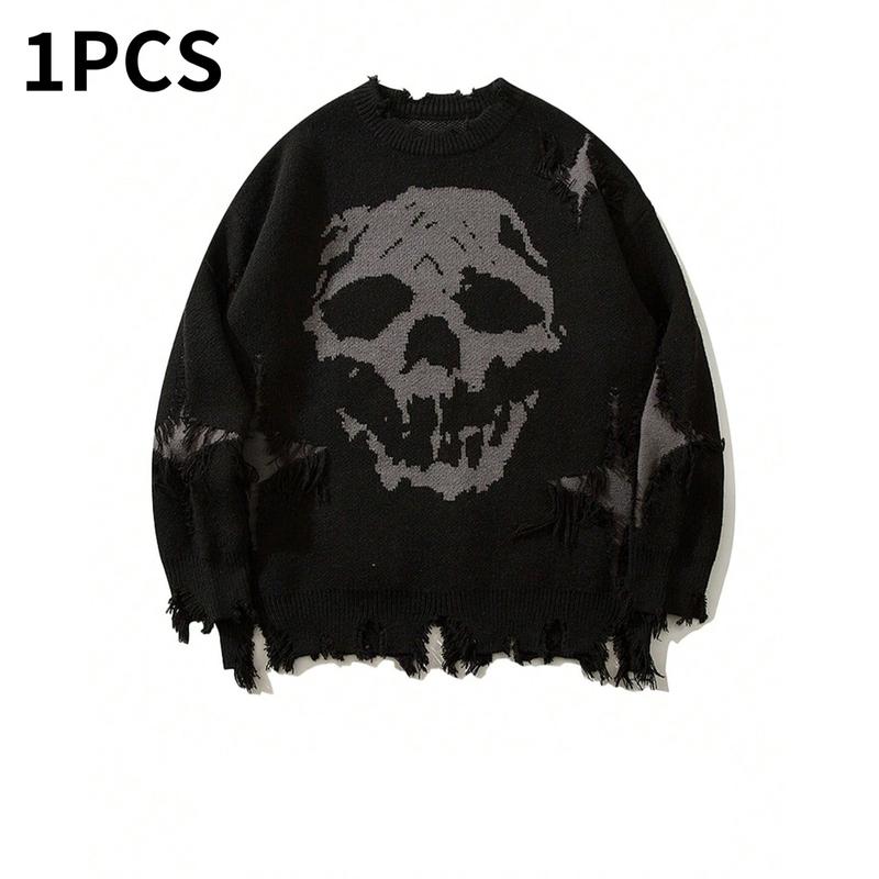 Distressed Fringe Knit Sweater – Oversized Orange Skull Jacquard Pullover with Ripped Details, Y2K Gothic Streetwear Style