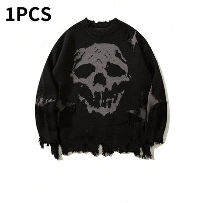Distressed Fringe Knit Sweater – Oversized Orange Skull Jacquard Pullover with Ripped Details, Y2K Gothic Streetwear Style