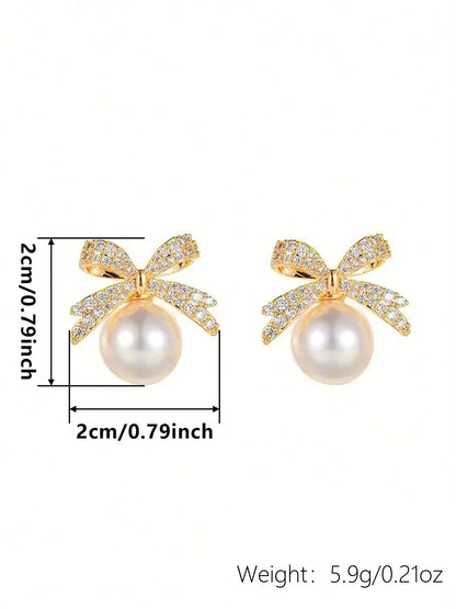 Faux Pearl & Rhinestone Bow Dangle Earrings, Elegant Sparkling Jewelry for Women