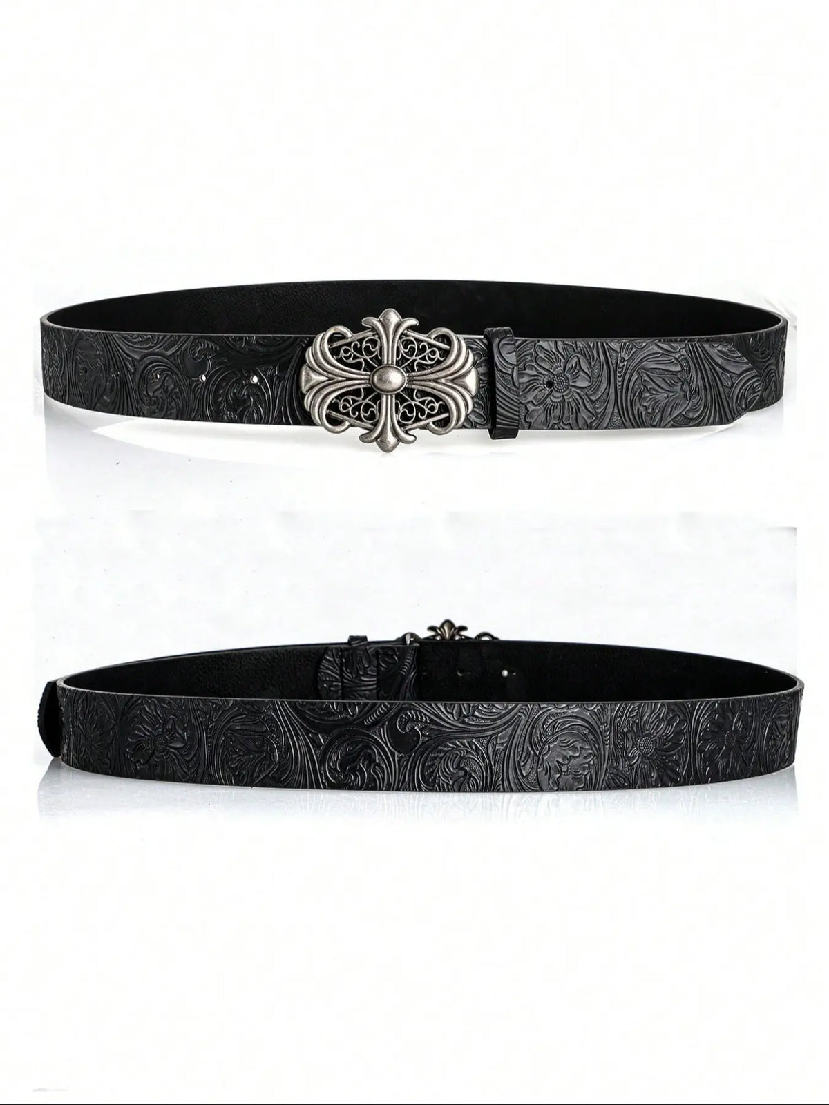 Boho Faux Leather Western Belt with Cross Buckle, Gothic Cowboy Belt for Men & Women
