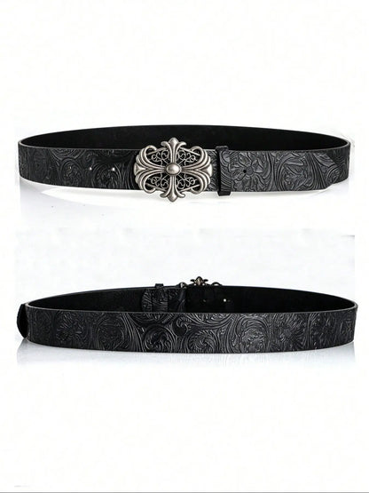 Boho Faux Leather Western Belt with Cross Buckle, Gothic Cowboy Belt for Men & Women